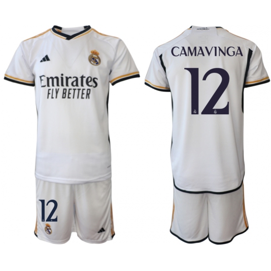 Men's Real Madrid #12 Camavinga 2023-24 White Home Soccer Jersey