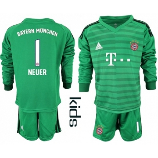 Bayern Munchen #1 Neuer Green Goalkeeper Long Sleeves Kid Soccer Club Jersey