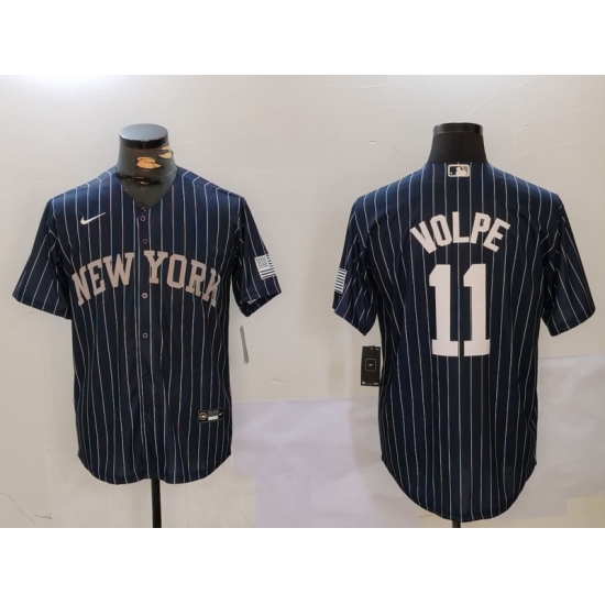 Men's New York Yankees #11 Anthony Volpe Navy Pinstripe Fashion Cool Base Jersey - Ujersey