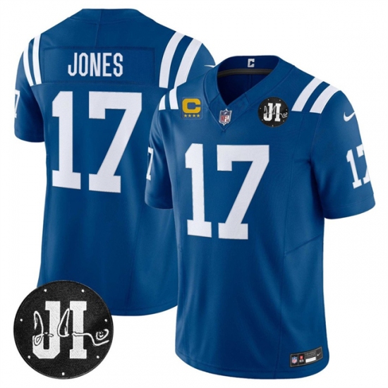 Men's Indianapolis Colts #17 Daniel Jones Blue 2025 F.U.S.E. With 4-Star C And Jim Irsay Vapor Limited Football Stitched Jersey - Ujersey