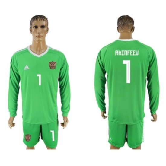 Russia #1 Akinfeev Green Long Sleeves Goalkeeper Soccer Country Jersey