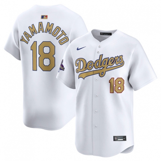 Men's Los Angeles Dodgers #18 Yoshinobu Yamamoto White 2025 Gold Collection Limited Stitched Baseball Jersey - Ujersey