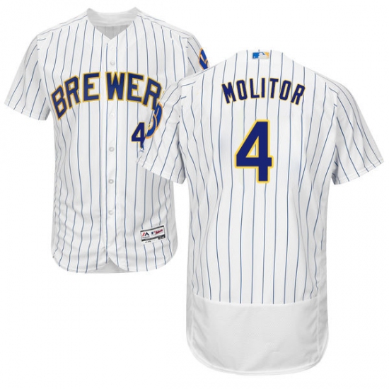 Men's Majestic Milwaukee Brewers #4 Paul Molitor White Home Flex Base Authentic Collection MLB Jersey - Ujersey