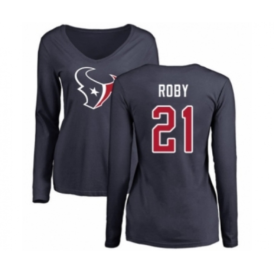 Football Women's Houston Texans #21 Bradley Roby Navy Blue Name & Number Logo Long Sleeve T-Shirt - Ujersey