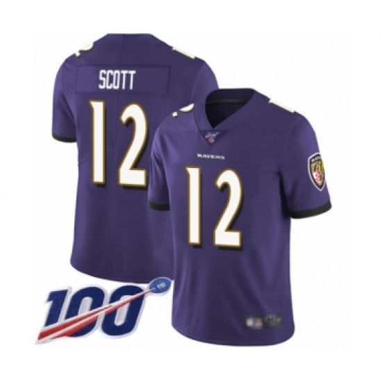 Men's Baltimore Ravens #12 Jaleel Scott Purple Team Color Vapor Untouchable Limited Player 100th Season Football Jersey - Ujersey