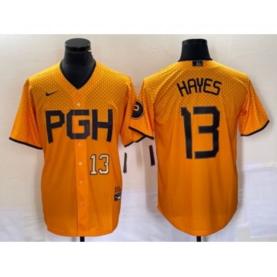 Men's Nike Pittsburgh Pirates #13 KeBryan Hayes Number Gold 2023 City Connect Stitched Jersey2 - Ujersey