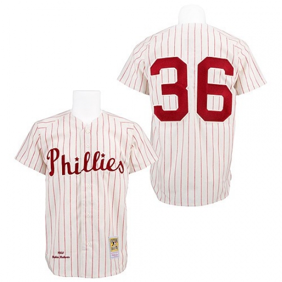 Men's Mitchell and Ness Philadelphia Phillies #36 Robin Roberts Authentic White/Red Strip Throwback MLB Jersey - Ujersey