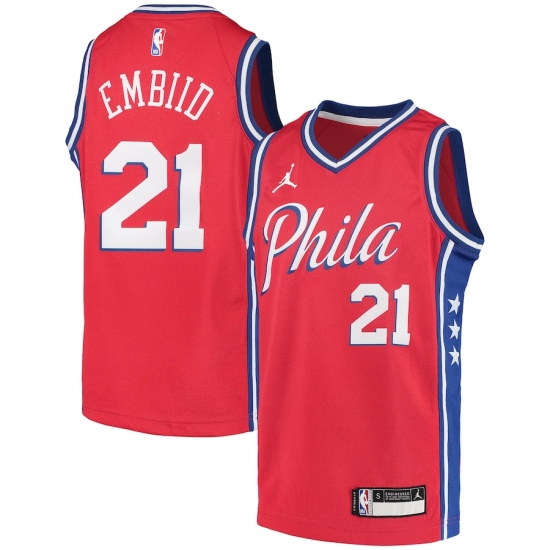 Youth Philadelphia 76ers #21 Joel Embiid Jordan Brand Red 2020-21 Swingman Player Jersey