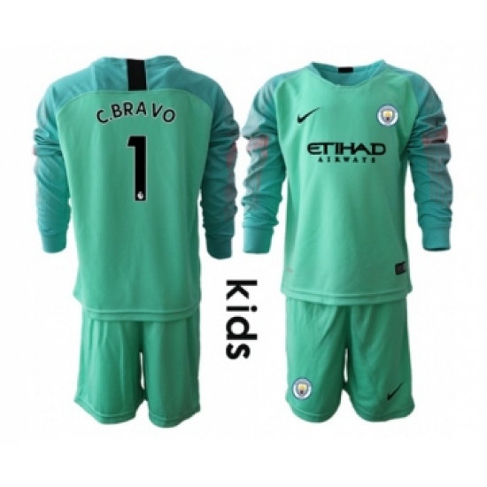 Manchester City #1 C.Bravo Green Goalkeeper Long Sleeves Kid Soccer Club Jersey