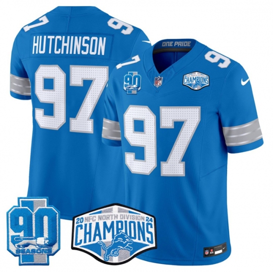 Men's Detroit Lions #97 Aidan Hutchinson Blue 2024 NFC North Champions 90th Anniversary F.U.S.E. Vapor Limited Stitched Jersey - Ujersey