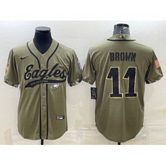 Men's Philadelphia Eagles #11 A. J. Brown Olive 2022 Salute To Service Cool Base Stitched Baseball Jersey - Ujersey