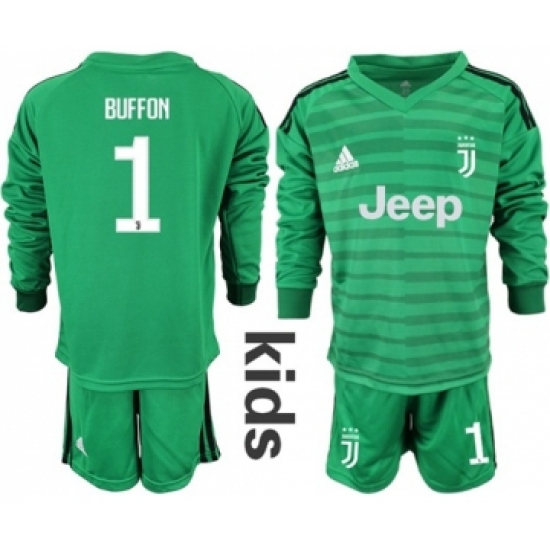 Juventus #1 Buffon Green Goalkeeper Long Sleeves Kid Soccer Club Jersey