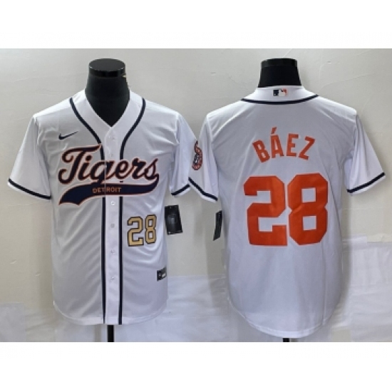Men's Detroit Tigers #28 Javier Baez Number White Cool Base Stitched Baseball Jersey - Ujersey