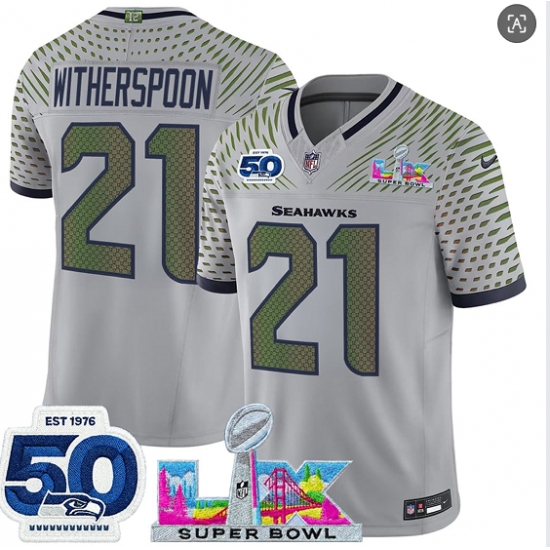 Men's Seattle Seahawks #21 Devon Witherspoon Gray 2025 F.U.S.E. Super Bowl LX And 50th Season “Rivalries” Vapor Limited Football Stitched Jersey - Ujersey