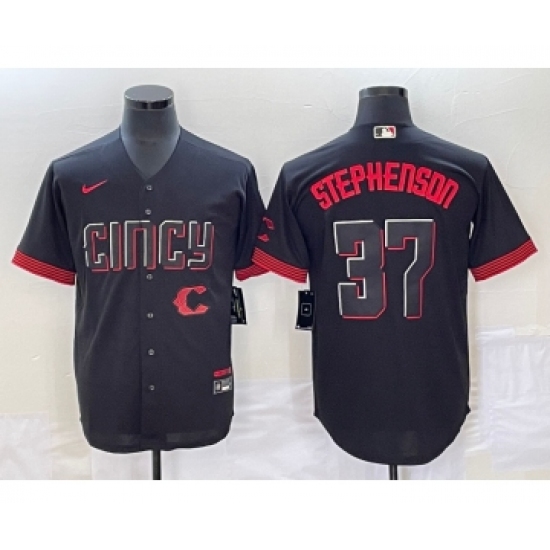Men's Cincinnati Reds #37 Tyler Stephenson Black 2023 City Connect Cool Base Stitched Jersey1 - Ujersey