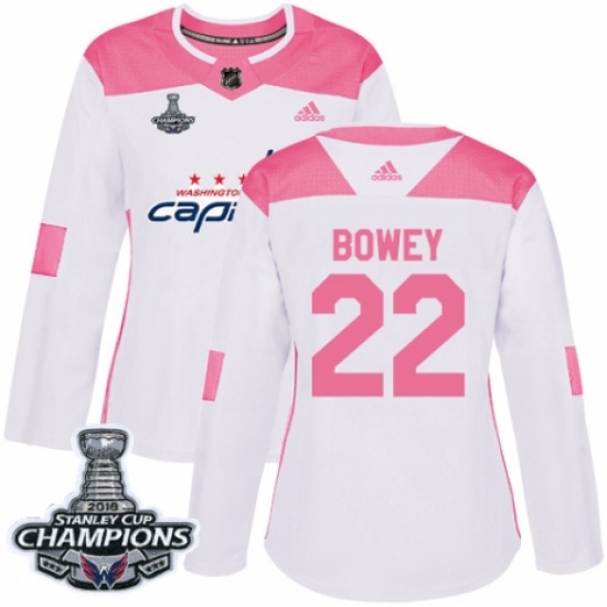 Women's Adidas Washington Capitals #22 Madison Bowey Authentic White Pink Fashion 2018 Stanley Cup Final Champions NHL Jersey