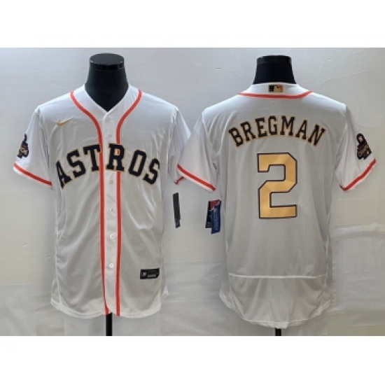 Men's Houston Astros #2 Alex Bregman 2023 White Gold World Serise Champions Flex Base Stitched Jersey - Ujersey