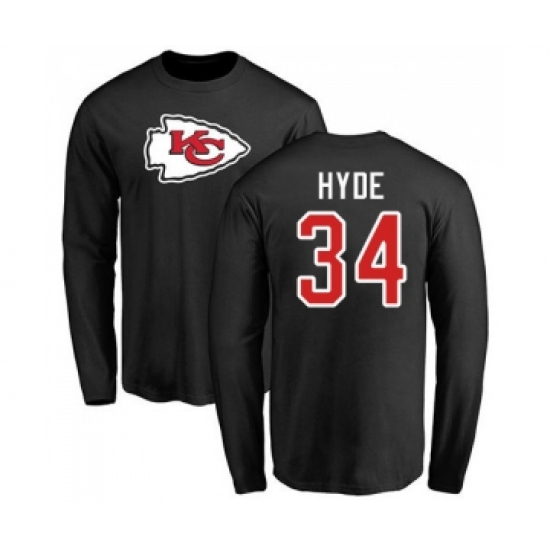 Football Kansas City Chiefs #34 Carlos Hyde Black Name & Number Logo Long Sleeve T-Shirt - Ujersey NHL