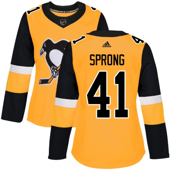 Women's Adidas Pittsburgh Penguins #41 Daniel Sprong Authentic Gold Alternate NHL Jersey - Ujersey