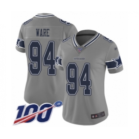 Women's Dallas Cowboys #94 DeMarcus Ware Limited Gray Inverted Legend 100th Season Football Jersey - Ujersey