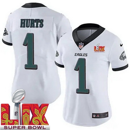 Women Philadelphia Eagles Jalen Hurts #1 White 2024 2025 Super Bowl LIX F U S E Stitched NFL Jersey - Ujersey
