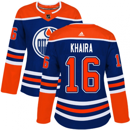 Women's Adidas Edmonton Oilers #16 Jujhar Khaira Authentic Royal Blue Alternate NHL Jersey - Ujersey
