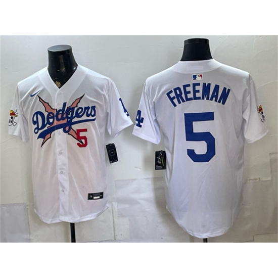 Men's Los Angeles Dodgers x One Piece #5 Freddie Freeman White Vapor Premier Limited Stitched Baseball Jersey - Ujersey