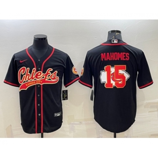 Men's Kansas City Chiefs #15 Patrick Mahomes Black Team Big Logo With Patch Cool Base Stitched Baseball Jersey - Ujersey