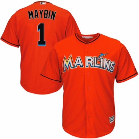Youth Majestic Miami Marlins #1 Cameron Maybin Authentic Orange Alternate 1 Cool Base MLB Jersey - Ujersey
