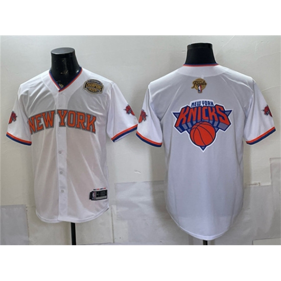 Men's New York Knicks Team Big Logo White 2026 Finals & Eastern Conference Champions Stitched Baseball Jersey - Ujersey