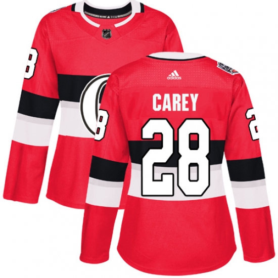 Women's Adidas Ottawa Senators #28 Paul Carey Authentic Red 2017 100 Classic NHL Jersey - Ujersey