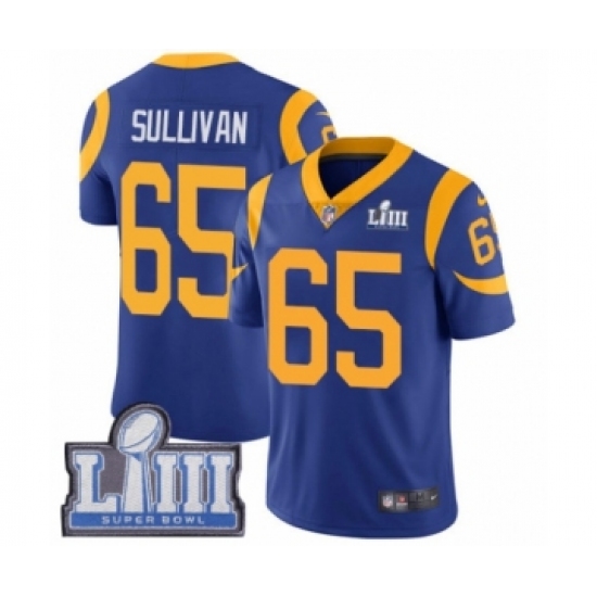 Men's Nike Los Angeles Rams #65 John Sullivan Royal Blue Alternate Vapor Untouchable Limited Player Super Bowl LIII Bound NFL Jersey - Ujersey