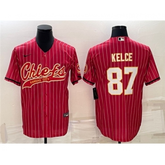 Men's Kansas City Chiefs #87 Travis Kelce Red With Patch Cool Base Stitched Baseball Jersey - Ujersey