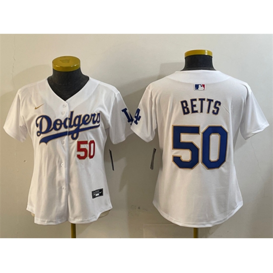 Women's Los Angeles Dodgers #50 Mookie Betts White Gold Home Limited Stitched Baseball Jersey(Run Small) - Ujersey