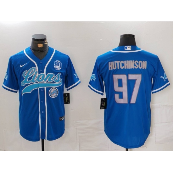 Men's Detroit Lions #97 Aidan Hutchinson Blue With 90th Cool Base Stitched Baseball Jersey - Ujersey