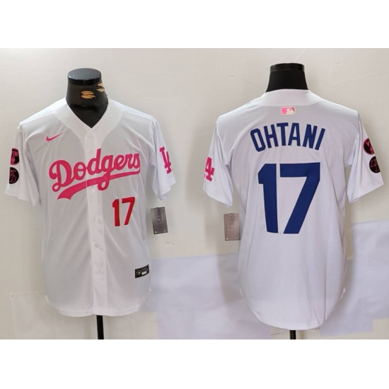 Men's Los Angeles Dodgers #17 Shohei Ohtani White Pink Vin & Kobe Stitched Baseball Jerseys - Ujersey