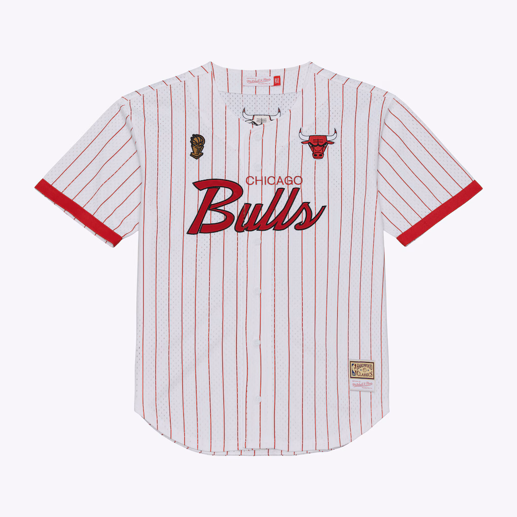 Men's Chicago Bulls Mitchell & Ness White Head Coach Pinstripe Mesh Full-Button Baseball Jersey