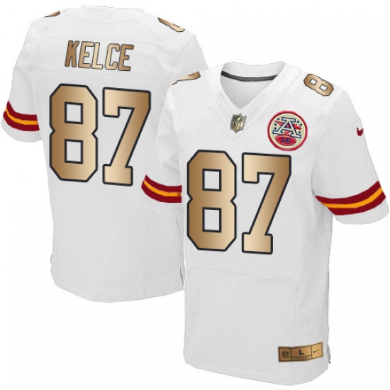 Men's Nike Kansas City Chiefs #87 Travis Kelce Elite White/Gold NFL Jersey - Ujersey