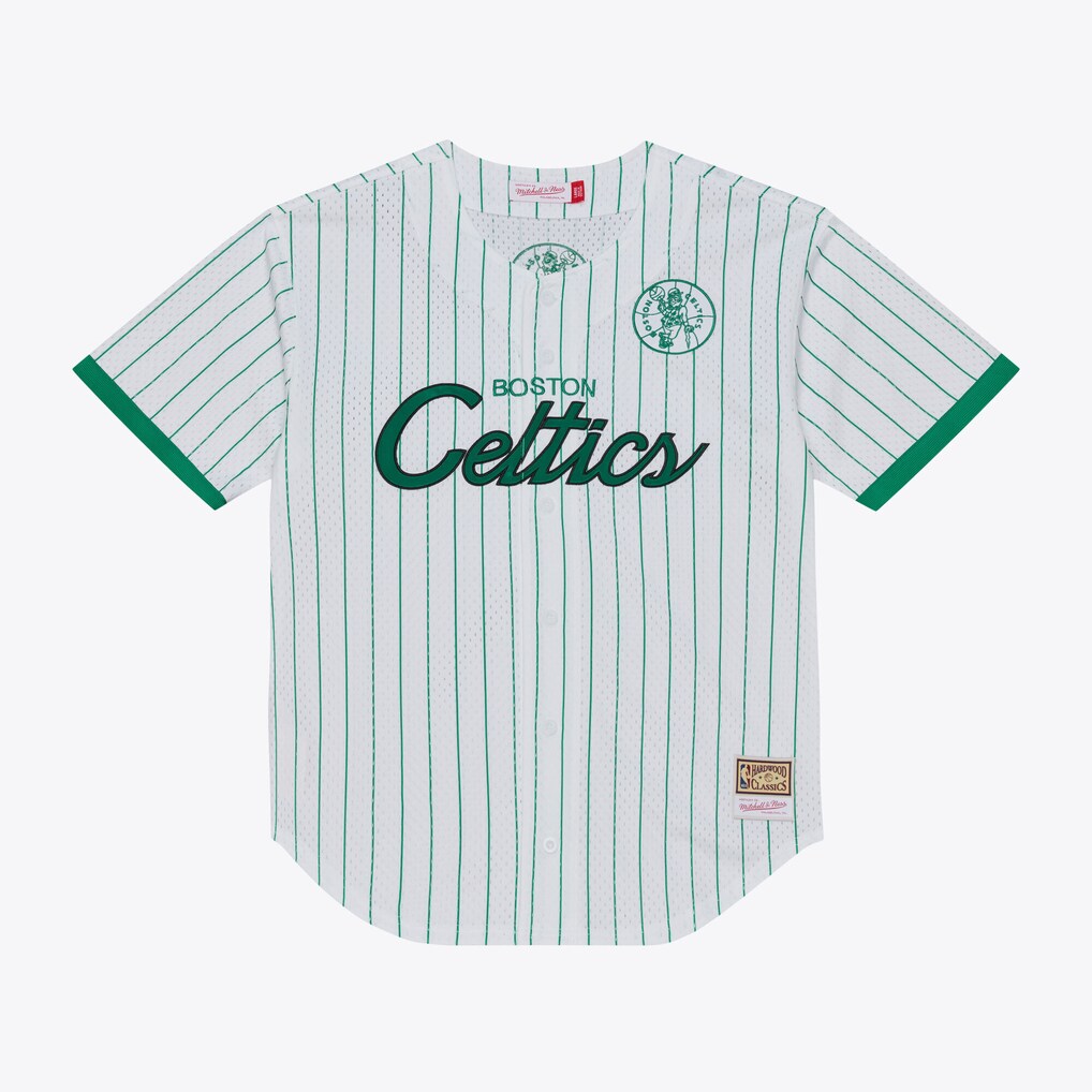 Men's Boston Celtics Mitchell & Ness White Head Coach Pinstripe Mesh Full-Button Baseball Jersey - Ujersey Shop