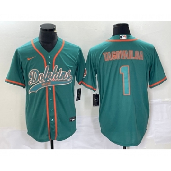 Men's Nike Miami Dolphins #1 Tua Tagovailoa Aqua Cool Base Stitched Baseball Jersey - Ujersey