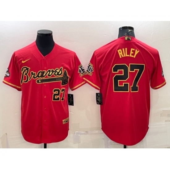 Men's Atlanta Braves #27 Austin Riley Red Gold World Series Champions Program Cool Base Stitched Baseball Jersey - Ujersey