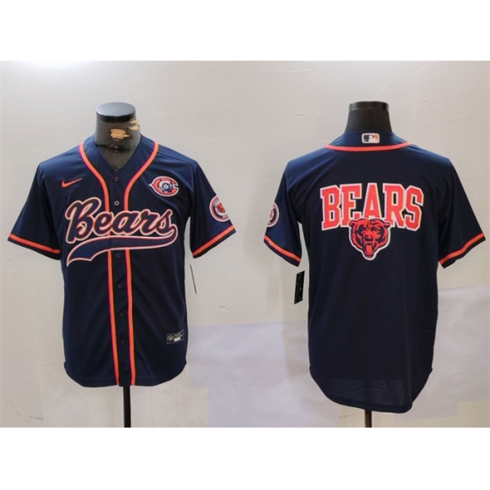 Men's Chicago Bears Navy Team Big Logo With Cool Base Stitched Baseball Jersey - Ujersey