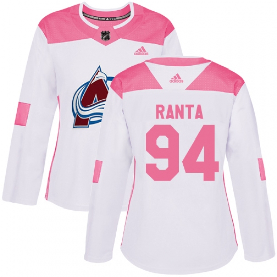 Women's Adidas Colorado Avalanche #94 Sampo Ranta Authentic White Pink Fashion NHL Jersey - Ujersey