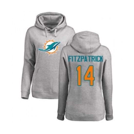 Football Women's Miami Dolphins #14 Ryan Fitzpatrick Ash Name & Number Logo Pullover Hoodie - Ujersey