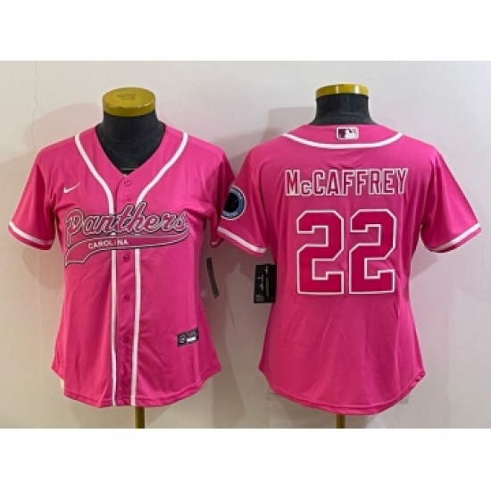 Women's Carolina Panthers #22 Christian McCaffrey Pink With Patch Cool Base Stitched Baseball Jersey - Ujersey