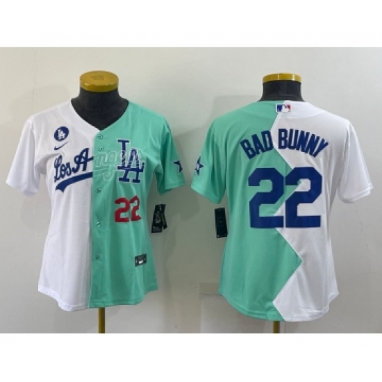 Youth Los Angeles Dodgers #22 Bad Bunny White Green Two Tone 2022 Celebrity Softball Game Cool Base Jerseys - Ujersey