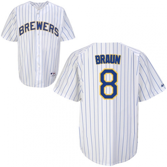 Youth Majestic Milwaukee Brewers #8 Ryan Braun Replica White/Blue Strip MLB Jersey - Ujersey