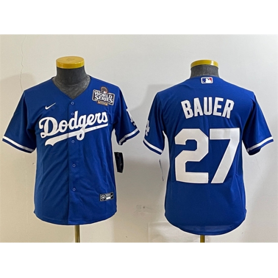 Women's Los Angeles Dodgers #27 Trevor Bauer Blue 2024 World Series Cool Base Stitched Jersey(Run Small) - Ujersey