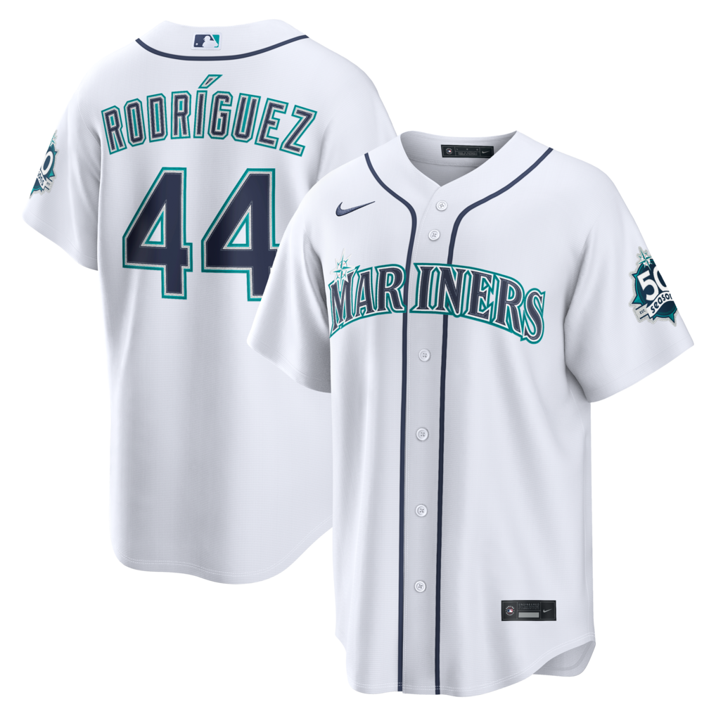 Men's Seattle Mariners Julio Rodríguez Nike White Home Stadium 50th Season Patch Jersey - Ujersey