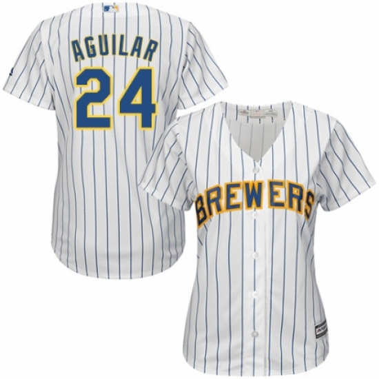 Women's Majestic Milwaukee Brewers #24 Jesus Aguilar Replica White Home Cool Base MLB Jersey - Ujersey